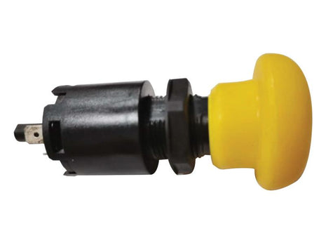 Image of a PTO Switch, Sparex Part Number S.152360, branded as Sparex. It features a yellow emergency stop button with a black plastic base and metal connectors, and is available under the Tariff Code 8708991055.