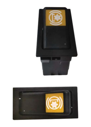 Two black PTO switches with yellow brake symbol labels. The Sparex PTO Switches (Part Number: S.152361) feature large rectangular buttons in a plastic casing, shown from different angles. Tariff Code: 8708991055.