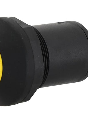 Close-up of a black push-button switch with a yellow top, featuring an icon indicating power or reset. This high-performance 48V switch, identified as the PTO Switch from Sparex (Part Number: S.152379), includes robust terminals, ensuring durability and reliability for your machinery needs.