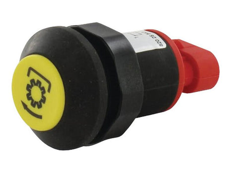 Close-up image of a PTO Switch (Sparex Part Number: S.152380), featuring a black and red rotary switch with a yellow cap displaying a gear symbol and circular arrow, ideal for matching Sparex components or identifying under Tariff Code 8708991055.