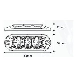 Technical diagram of the Sparex LED Slimline Hazard Light, a small rectangular device with three circular components, featuring an IP65 rating and dimensions of 82mm in length, 30mm in width, and 11mm in height. The light has a class 3 interference level and offers both single flash and double flash functions at 12-24V - S.152727.