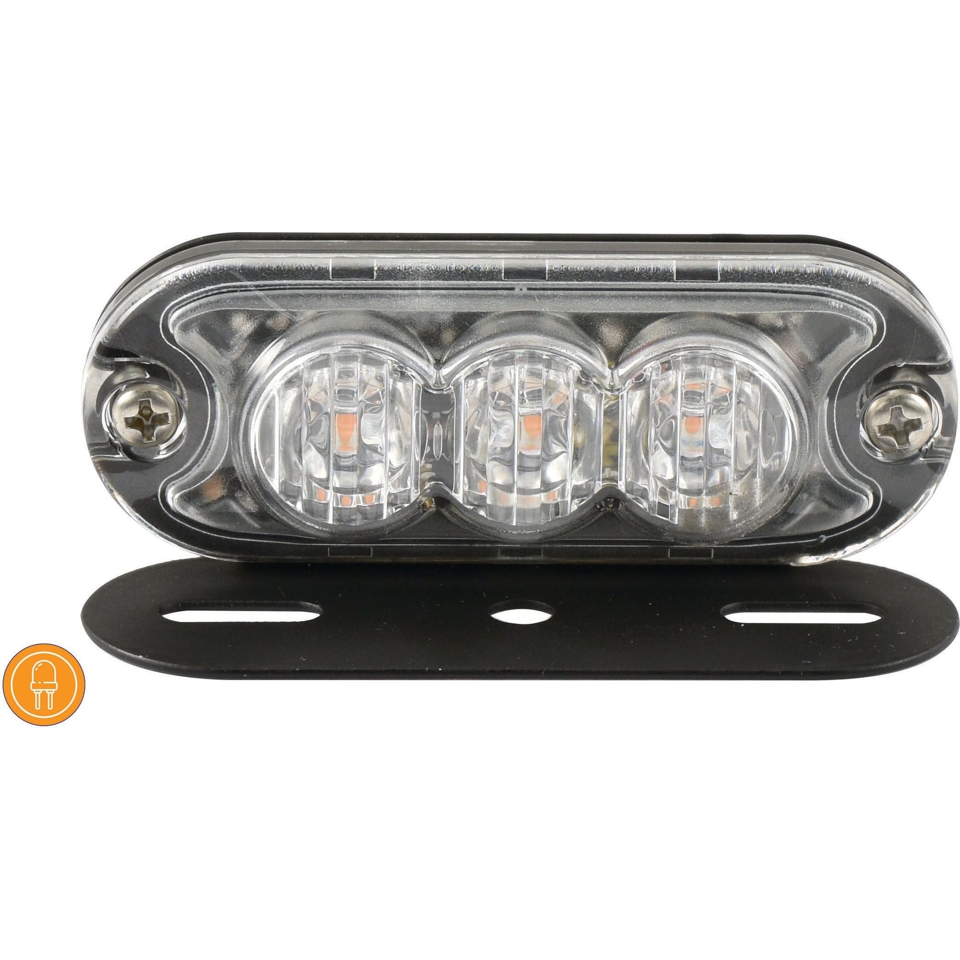 A close-up of the Sparex LED Slimline Hazard Light, featuring three bulbs and an IP65 rating, housed in a clear lens and mounted on a black metal bracket. This small, rectangular light offers both single flash and double flash functions and operates on 12-24V. Class 3 interference ensured for optimal performance. Model: S.152727.