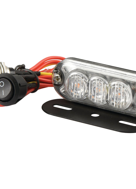 The LED Slimline Hazard Light by Sparex, model S.152727, features a compact design with three bulbs and includes an IP65-rated black mounting bracket, as well as an attached wiring bundle that comes with a red push button and a black on/off switch. This Class 3 interference light supports both single and double flash functions and operates within a 12-24V range.