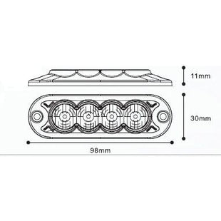 Diagram showing the dimensions of the LED Slimline Hazard Light by Sparex, which features four circular lights. The height is 11mm, length is 98mm, and width is 30mm. This robust design has an IP65 rating for durability in various conditions and offers Class 3 interference with single and double flash functions, operating at 12-24V (S.152728).