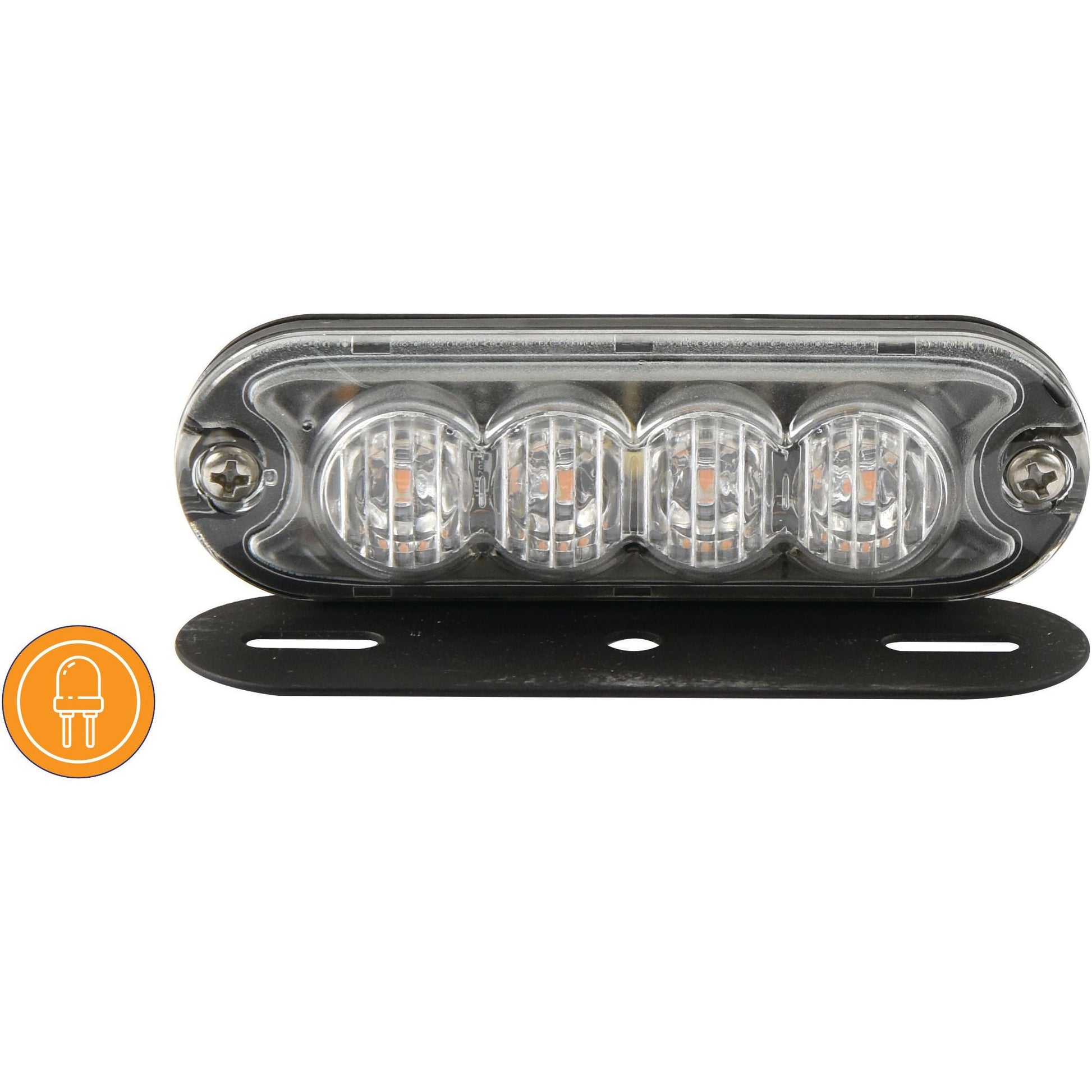 Close-up of a rectangular LED Slimline Hazard Light by Sparex, featuring four bulbs and mounted on a sleek black base. An orange icon with a light plug symbol is positioned on the left side of the image. This durable LED light boasts an IP65 rating, ensuring it withstands dust and water exposure. It operates at 12-24V and offers both single flash and double flash functions with Class 3 interference resistance (S.152728).