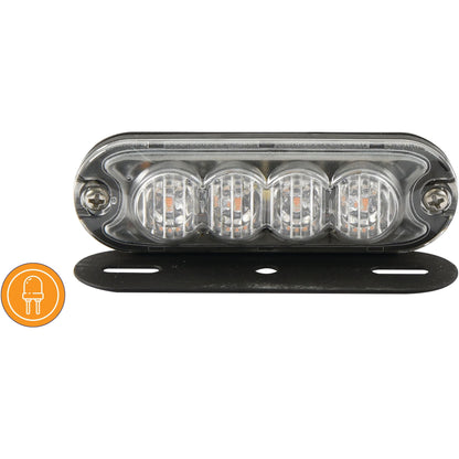 Close-up of a rectangular LED Slimline Hazard Light by Sparex, featuring four bulbs and mounted on a sleek black base. An orange icon with a light plug symbol is positioned on the left side of the image. This durable LED light boasts an IP65 rating, ensuring it withstands dust and water exposure. It operates at 12-24V and offers both single flash and double flash functions with Class 3 interference resistance (S.152728).