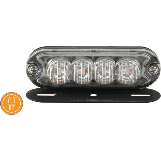 Close-up of a rectangular LED Slimline Hazard Light by Sparex, featuring four bulbs and mounted on a sleek black base. An orange icon with a light plug symbol is positioned on the left side of the image. This durable LED light boasts an IP65 rating, ensuring it withstands dust and water exposure. It operates at 12-24V and offers both single flash and double flash functions with Class 3 interference resistance (S.152728).