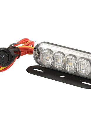 The LED Slimline Hazard Light by Sparex, suitable for 12-24V systems and rated Class 3 for interference, features a clear LED assembly with four bulbs, a black mounting bracket, wires connected to a red push button, and an on-off switch. It is IP65-rated for exceptional durability and offers both single and double flash functions.