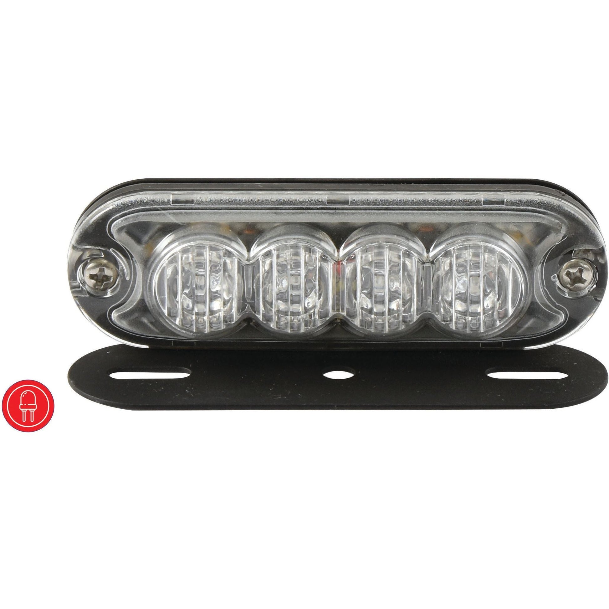 The Sparex LED Slimline Hazard Light, featuring four individual lights and an IP65 rating along with ECE certification, is mounted on a sleek black bracket. It supports Class 3 interference and operates on 12-24V with both single and double flash functions.
