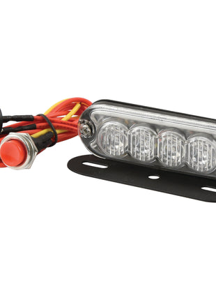 The Sparex LED Slimline Hazard Light, featuring an IP65 Rating and Class 3 interference, includes four clear, rectangular bulbs connected to red and yellow wires. It offers both Single Flash and Double Flash functions within a voltage range of 12-24V (S.152730). The package comes with a round push button and a black mounting bracket.