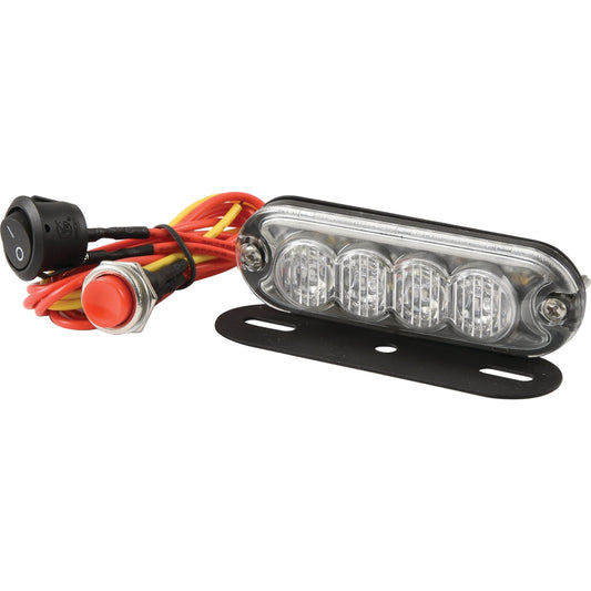 The Sparex LED Slimline Hazard Light, featuring an IP65 Rating and Class 3 interference, includes four clear, rectangular bulbs connected to red and yellow wires. It offers both Single Flash and Double Flash functions within a voltage range of 12-24V (S.152730). The package comes with a round push button and a black mounting bracket.