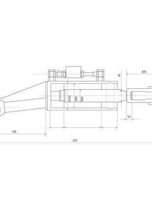 Technical drawing of a Sparex Hydraulic Levelling Box (Supplied with: Hoses), including a Cylinder Bore 90 mm and detailed measurements annotated in millimeters, compatible with Kubota M7131, featuring Ball Ø 32mm, Fork Hole Ø 26x61mm, and Min. Length: 720mm. | Sparex Part No.S.153734