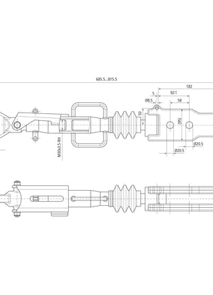 Technical drawing of a mechanical component with dimensions and specifications, including a Cylinder Bore 80mm. The illustration shows various views, such as top and side perspectives, for the Hydraulic Levelling Box (Supplied with: Hoses) - Ball Ø 22mm - Fork Hole Ø 28 & 28x90mm - Min. Length: 690mm - Cylinder Bore: 80mm by Sparex for Fendt VARIO, Sparex Part No.S.153740.