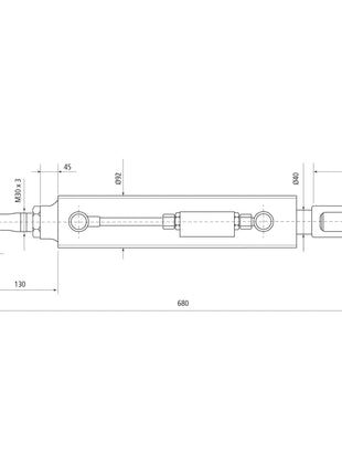 Technical drawing of a Sparex Hydraulic Levelling Box, including labeled dimensions such as the ball diameter of 22mm, fork hole dimensions of 23x50mm, and a minimum length of 680mm. The diagram ensures Kubota compatibility by featuring a cylinder bore of 80mm for precise specifications. The product is supplied with hoses for comprehensive application needs.