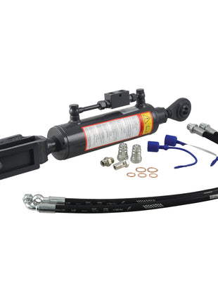 Sparex Hydraulic Levelling Box, featuring an 80mm cylinder bore, with hoses and Kubota-compatible installation accessories on a white background. Sparex Part No.S.155245.

