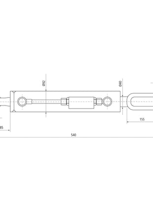 Technical drawing of a Sparex Hydraulic Levelling Box, including detailed dimensions with labeled Cylinder Bore of 70mm. The minimum length is 540 mm, with sections measuring 92 mm, 50 mm, and other specified parts. The product features a Ball Ø 40mm and Fork Hole Ø 28mm.