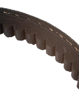 Close-up of a black ribbed rubber timing belt with a zigzag pattern along one edge against a white background, showcasing the precision of a Sparex Raw Edge Moulded Cogged Belt - AVX Section - Belt No. AVX10X1015 (Sparex Part Number: S.155474).