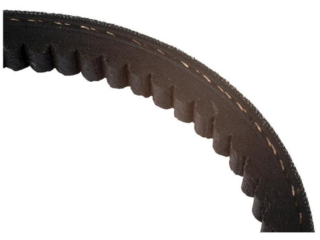 Close-up of a black ribbed rubber timing belt with a zigzag pattern along one edge against a white background, showcasing the precision of a Sparex Raw Edge Moulded Cogged Belt - AVX Section - Belt No. AVX10X1015 (Sparex Part Number: S.155474).