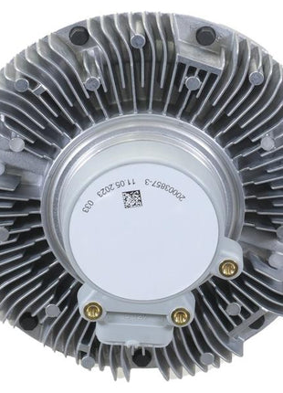 The Sparex Viscous Fan Drive (Sparex Part Number: S.155872) is a circular metal automotive component featuring cooling fins and bolts, along with a central white section that has distinctive markings and a QR code. This BorgWarner fan utilizes air sensing electric technology to boost performance.