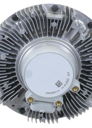 Circular metallic automotive cooling fan clutch with fins and a central white hub, featuring a QR code, serial number, several mounting bolts. Manufactured by BorgWarner and branded as Viscous Fan Drive by Sparex (Part Number: S.155953).