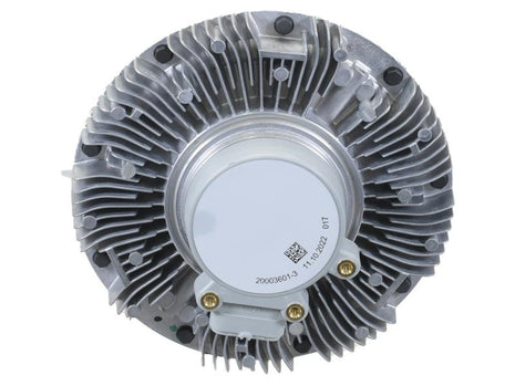 Circular metallic automotive cooling fan clutch with fins and a central white hub, featuring a QR code, serial number, several mounting bolts. Manufactured by BorgWarner and branded as Viscous Fan Drive by Sparex (Part Number: S.155953).