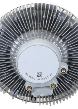 The Viscous Fan Drive, Sparex Part Number S.155962 from Sparex, is a round metal component with radial fins and a central white circular section. The central section includes a QR code, some alphanumeric characters, and features an Air Sensing Electric Control system.