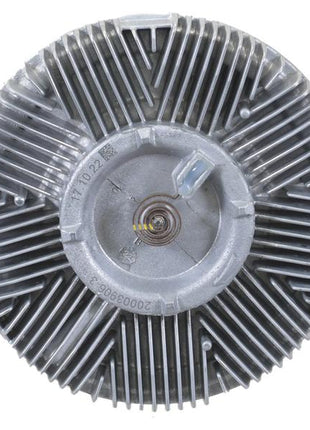 Close-up view of a metal automotive cooling fan clutch with a circular, finned design, and a central hub. Featuring Sparex's Viscous Fan Drive (Sparex Part Number: S.155963) with BorgWarner's Air Sensing Electric Control technology for enhanced precision.