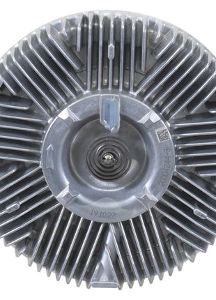 Close-up of a Sparex Viscous Fan Drive (Sparex Part Number: S.155980) cooling fan clutch featuring radial fins, a central bearing, and precise bolt holes outlining the overall diameter.