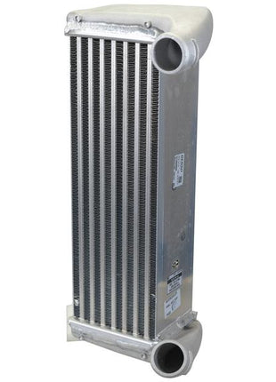 The Sparex Radiator (Part Number: S.156148) boasts a rectangular shape with a silver finish, featuring multiple fins and two circular pipe connectors strategically placed at the top and bottom. It includes an inlet on the top and an outlet on the bottom, ensuring reliable performance.