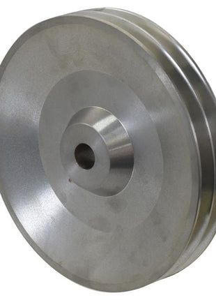 The Sparex Water Pump Pulley (Sparex Part Number: S.156169) is a metallic pulley wheel with concentric rings, featuring a central hole and a double groove near the edge, designed for use in mechanical systems.