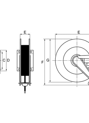 Technical drawing of the Retractable Hose Reel Adblue / Antifreeze, 3/4'' x 15M - S.156534 by Sparex, with an antistatic black rubber hose, featuring dimensions A, B, C, D, E, F, and G labeled. The drawing includes front, side, and top view perspectives.