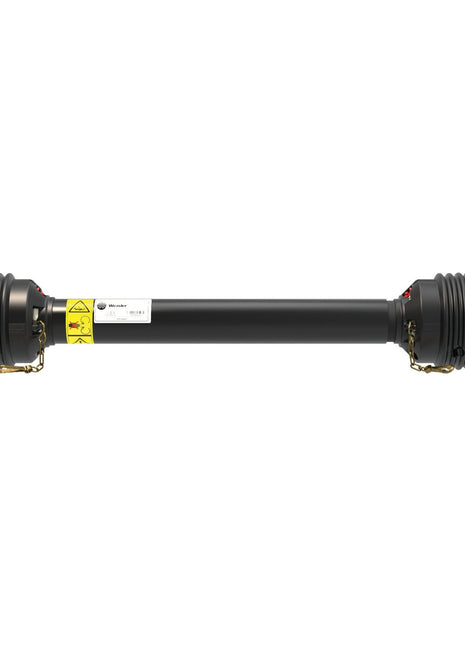 Image of the Sparex PTO Shaft - (Lz) Length: 1360mm, which features a 1 3/8'' x 6 Spline Q.R. to a 1 3/8'' x 6 Spline Shear Bolt Limiter (S.156657) for agricultural machinery, designed with protective coverings, safety labels, and an Easylock Guard for added protection.