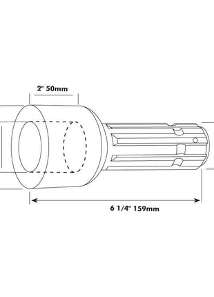 Technical drawing of the Sparex PTO Pump Adaptor - Bore ⌀25mm x Male spline 1 3/8'' - 6 (S.15719), a Standard Duty cylindrical component with dimensions labeled: 6 1/4" (159mm) length, 2" (50mm) diameter, and 60mm height. Ideal for applications up to 70HP.