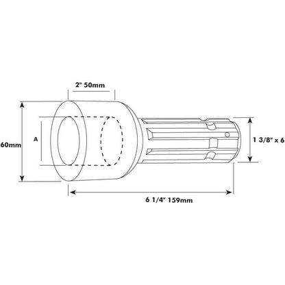 Technical drawing of the Sparex PTO Pump Adaptor - Bore ⌀25mm x Male spline 1 3/8'' - 6 (S.15719), a Standard Duty cylindrical component with dimensions labeled: 6 1/4" (159mm) length, 2" (50mm) diameter, and 60mm height. Ideal for applications up to 70HP.