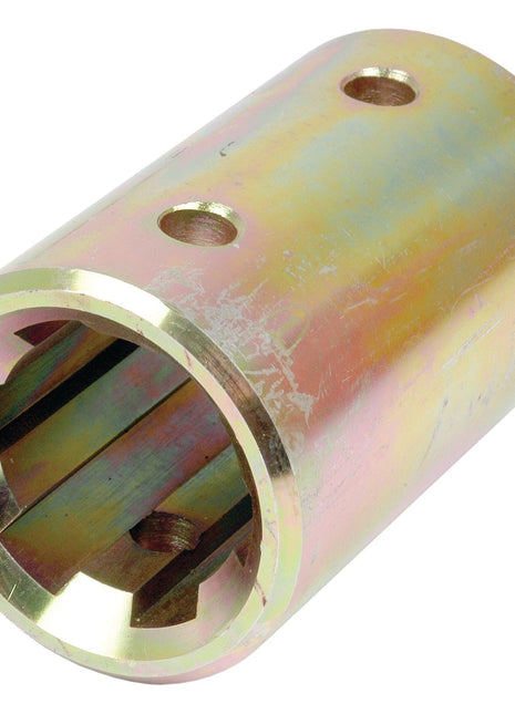 A standard duty cylindrical metal socket with three holes and internal grooves, used for mechanical purposes as a PTO splined coupling, known as the Sparex PTO Splined Coupling - Female spline 1 3/4'' - 6 with - S.15732.