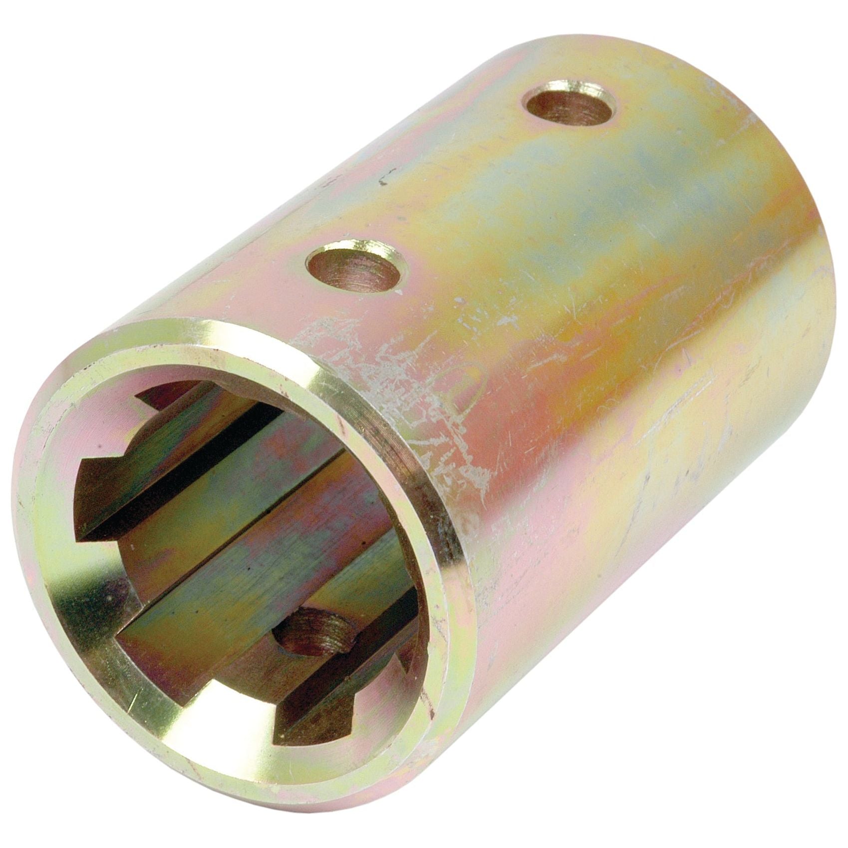 A standard duty cylindrical metal socket with three holes and internal grooves, used for mechanical purposes as a PTO splined coupling, known as the Sparex PTO Splined Coupling - Female spline 1 3/4'' - 6 with - S.15732.