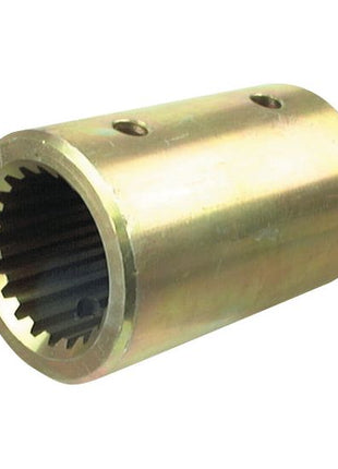 The Sparex PTO Splined Coupling - Female Spline 1 3/4'' - 20 with S.15733 is a cylindrical metal coupling featuring internal splines and two fastening holes on the outer surface, ensuring standard duty performance.