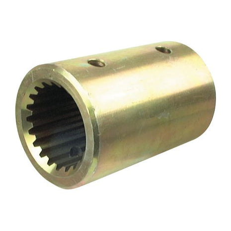 The Sparex PTO Splined Coupling - Female Spline 1 3/4'' - 20 with S.15733 is a cylindrical metal coupling featuring internal splines and two fastening holes on the outer surface, ensuring standard duty performance.