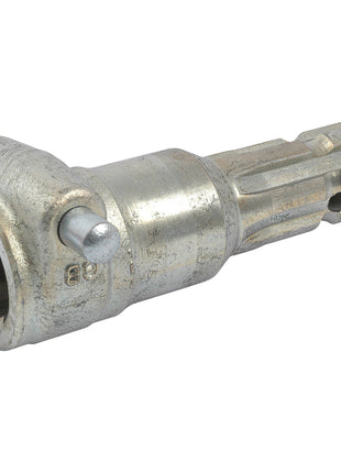 A close-up view of the Sparex PTO Adaptor - Female spline 1 3/8'' - 6 x Male spline 1 3/8'' - 6 with Quick Release Pin (S.15901), showcasing its heavy-duty metal design and grooved shaft.