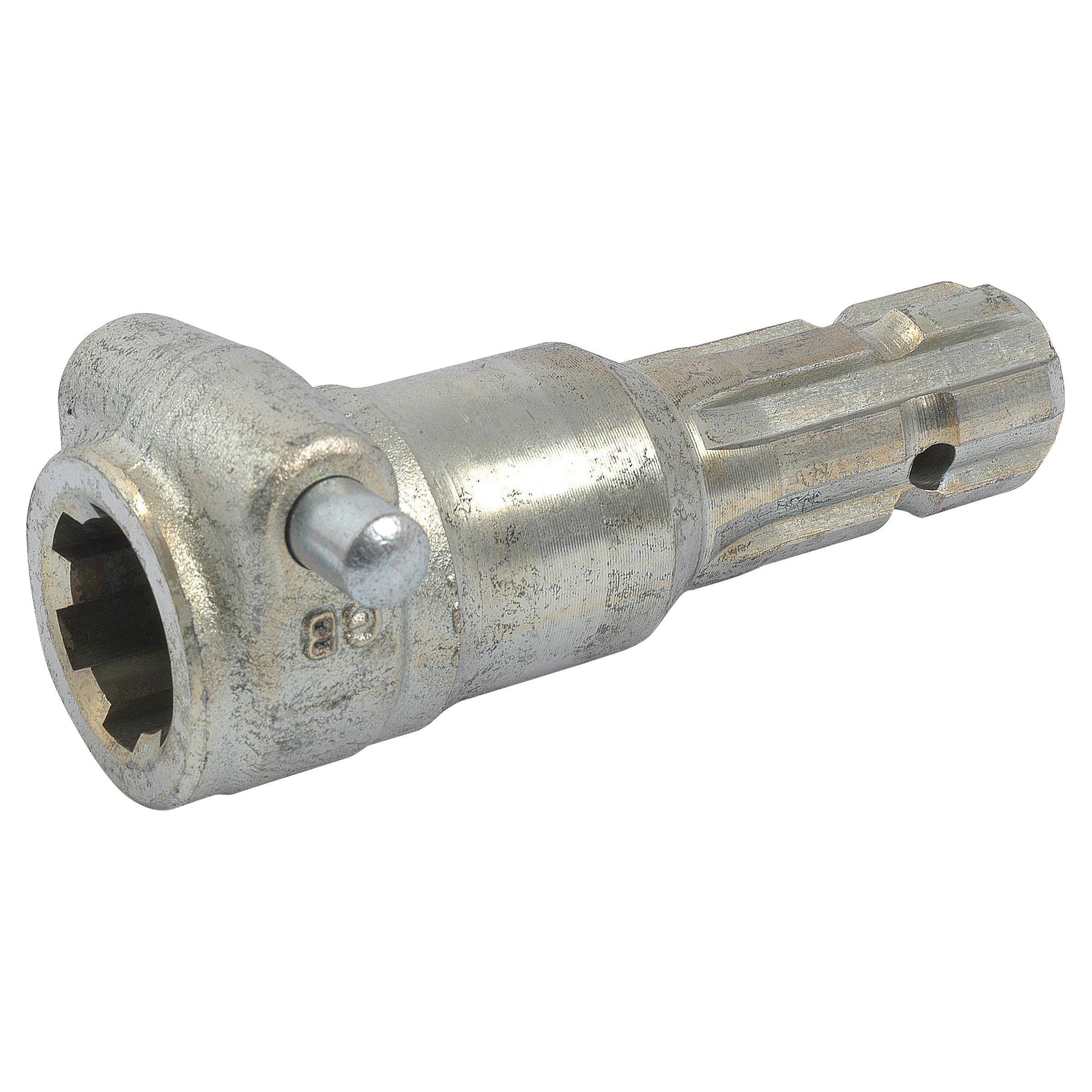 A close-up view of the Sparex PTO Adaptor - Female spline 1 3/8'' - 6 x Male spline 1 3/8'' - 6 with Quick Release Pin (S.15901), showcasing its heavy-duty metal design and grooved shaft.