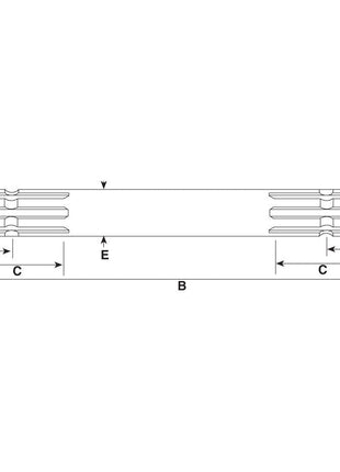 Technical drawing of a segmented cylindrical object with dimensions labeled: A for height, B for total length, C and D for segmented sections at both ends, and E for the central section. This Sparex PTO Splined Shaft - Both Ends - 1 3/8'' - 6 Spline x 1 3/8'' - 6 Spline (length: 300mm) features a precisely machined spline configuration.