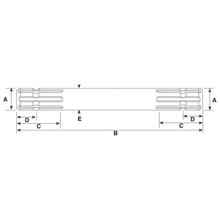 Technical drawing of a segmented cylindrical object with dimensions labeled: A for height, B for total length, C and D for segmented sections at both ends, and E for the central section. This Sparex PTO Splined Shaft - Both Ends - 1 3/8'' - 6 Spline x 1 3/8'' - 6 Spline (length: 300mm) features a precisely machined spline configuration.