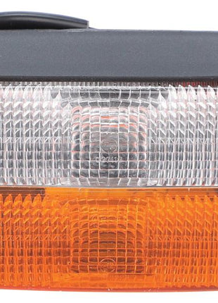 A rectangular vehicle signal light with a clear top half and an amber bottom half, encased in a black frame, featuring a Hella Bulb for enhanced visibility, known as the Sparex Front Combination Light (Halogen), 12V, RH & LH, Straight | Sparex Part Number: S.160705.