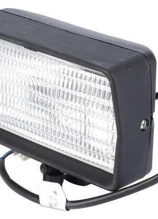 The Sparex Work Light (Halogen), Rectangular, LH, 12/24V (Sparex Part Number: S.160715) features a black casing and a clear ribbed lens. It is attached to a black electrical wire and boasts an IP55 rating for excellent dust and water resistance, ensuring reliable performance in harsh conditions.