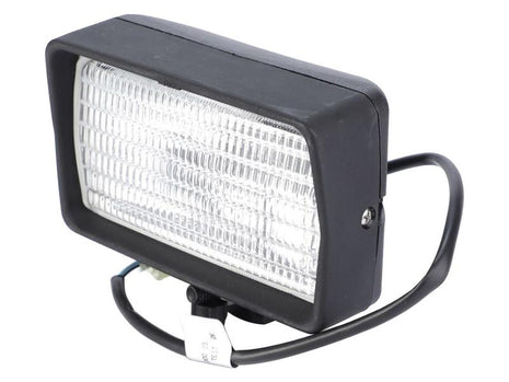 The Sparex Work Light (Halogen), Rectangular, LH, 12/24V (Sparex Part Number: S.160715) features a black casing and a clear ribbed lens. It is attached to a black electrical wire and boasts an IP55 rating for excellent dust and water resistance, ensuring reliable performance in harsh conditions.