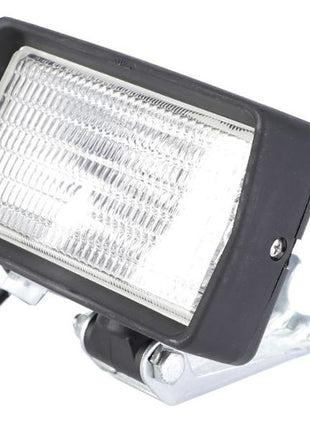 The Sparex Work Light (Halogen), Rectangular, RH, 12/24V (Sparex Part Number: S.160716) features a black casing, a metal mounting bracket, a clear lens, and halogen bulb. It comes with an attached wire connector at the back and is IP55-rated for durability in tough conditions, making it an ideal work light.