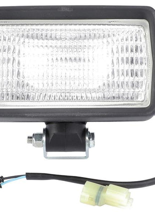 The Sparex Work Light (Halogen), Rectangular, RH & LH, 12V - S.160718, features a black housing, clear lens, and attached electrical wiring with both a connector and exposed wires. It is rated IP65 for superior waterproof protection.