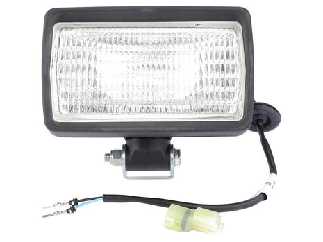 The Sparex Work Light (Halogen), Rectangular, RH & LH, 12V - S.160718, features a black housing, clear lens, and attached electrical wiring with both a connector and exposed wires. It is rated IP65 for superior waterproof protection.