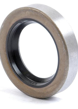 Close-up of a Sparex Metric Rotary Shaft Seal, 30 x 44 x 14mm Double Lip (Sparex Part Number: S.161178), featuring a metallic outer edge and an inner section with durable black NBR rubber, ideal for automotive applications.