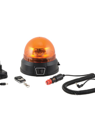 The LED Rechargeable Beacon (Amber) from Sparex, with Class 3 interference and magnetic mount, operates on 12-24V and includes an IP65 weather-resistant power switch. This beacon comes with a charger, remote control, car adapter, and coiled power cable.